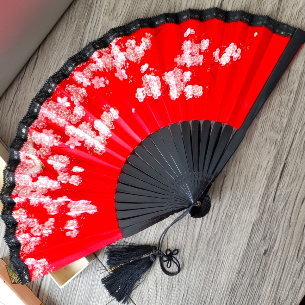 Vintage ornate red and black hand fan in box